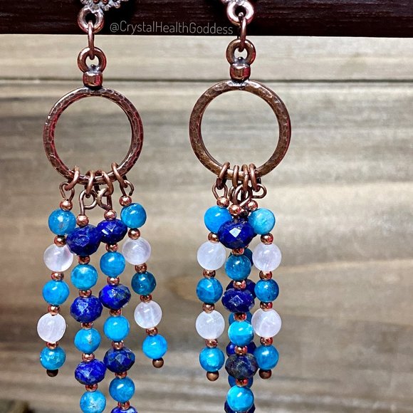 Lapis Lazuli Blue Apatite Selenite Antique Copper Flower Earrings - Picture 6 of 8